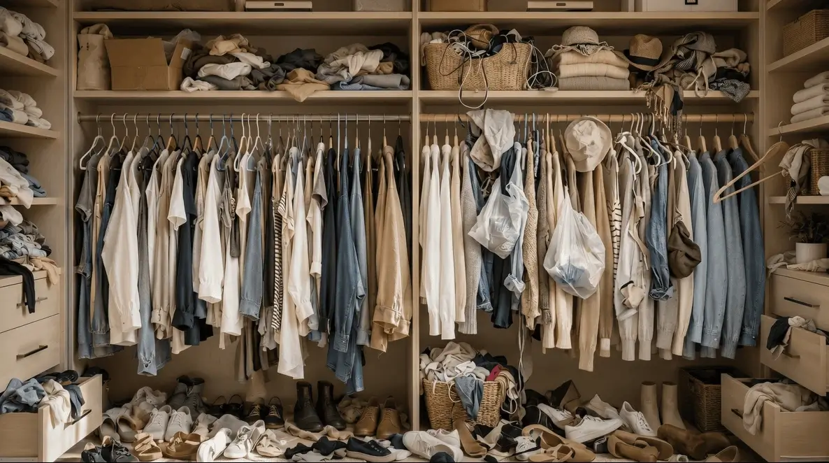 A cluttered closet before organizing
