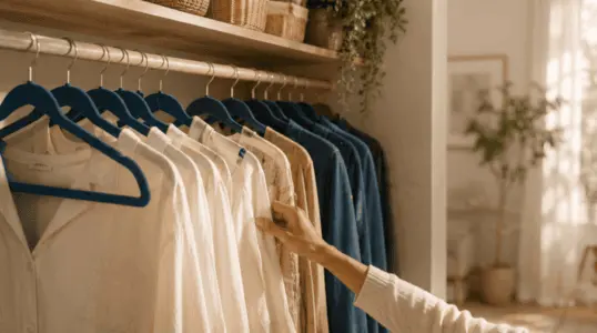 Neatly hung clothing in a warm closet