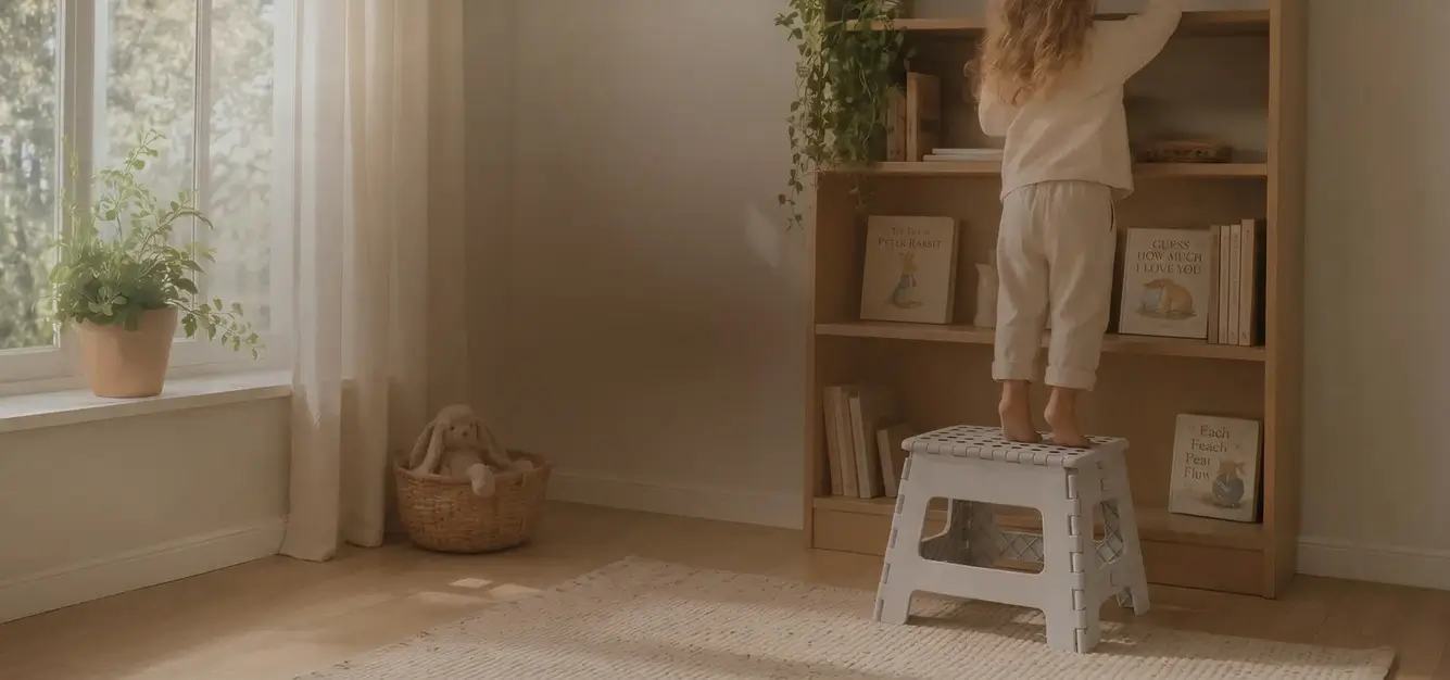 Warm home scene with a child reaching for a shelf